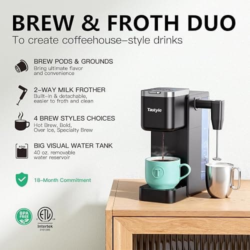Tastyle 330MF Single Serve Coffee Maker with Built-in Detachable Milk Frother, Iced and Hot Coffee Machine for K Cup & Grounds, 40oz Removable Water Reservoir, 6 Cup Sizes, Fits 7.3" Travel Mug, Black thumbnail 3