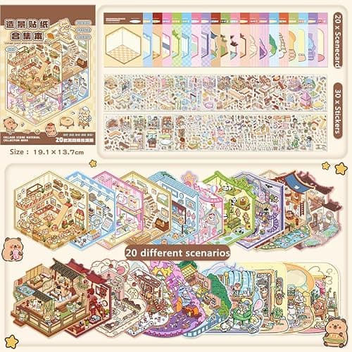 Wnqou 20 Sets DIY 3D House Stickers Collection Book, 3D Scene Miniature, Miniature Simulated Cabin Scene Game, Cute Cartoon Stickers for Adults and Kids, Fun Room Sticker Material Book for Girls thumbnail 3
