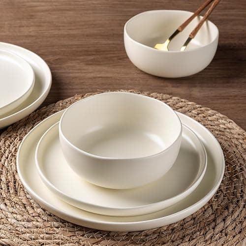 AmorArc Stoneware Dinnerware Sets, Wavy Rim Ceramic Plates and Bowls Sets, Highly Chip and Crack Resistant | Dishwasher & Microwave & Oven Safe Dishes set, Service for 4 (12pc) thumbnail 4