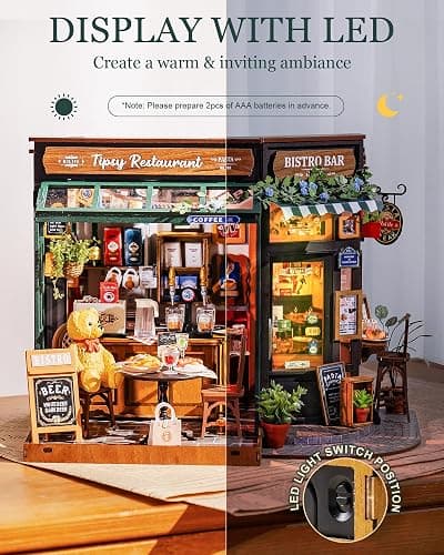 Rolife DIY Miniature House Kit 1:18 Coffe&Bar Dollhouse Diorama Model, Build Mini House Building Kit with LED Light Hobby Crafts for Adults Gift for Him Her (Tipsy Restaurant) thumbnail 8