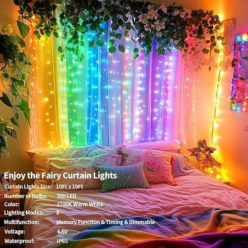 Ryblgled Battery Operated Fairy Curtain Lights - Multicolor 10ft x 10ft 300 LED Battery Power Curtain String Lights with Remote & Timer for Backdrop Outside Gazebo Christmas Indoor Bedroom Decor thumbnail 3