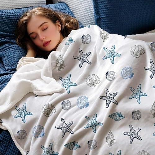 Ydbkt Coastal Ocean Beach Throw Blanket, Starfish Seashells Summer Fleece Blue Grey on White Blanket, Ocean Theme Lightweight Soft Cozy for Sofa Couch Bed Room Decor 50"x60" thumbnail 2