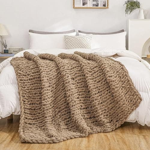 WESHIONGOO Chunky Knit Blanket Throw 51"×63" Knitted Throw Blankets for Couch Bed Fluffy Soft Blanket with Jumbo Chenille Yarn Thick 100% Handmade (Brown) thumbnail 8
