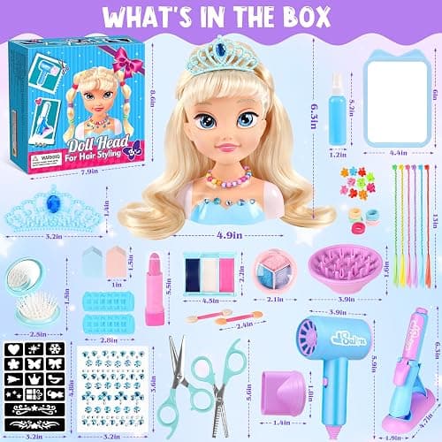 KUBUSFLY Hair Styling Doll Head Toys for Girls, Kids Makeup Hair Salon Pretend Play Styling Kit with Hairdryer, Curling Iron, Beauty Hair Stylist Toy Christmas Birthday Gift for Toddler Girls 3 4 5 6+ thumbnail 8