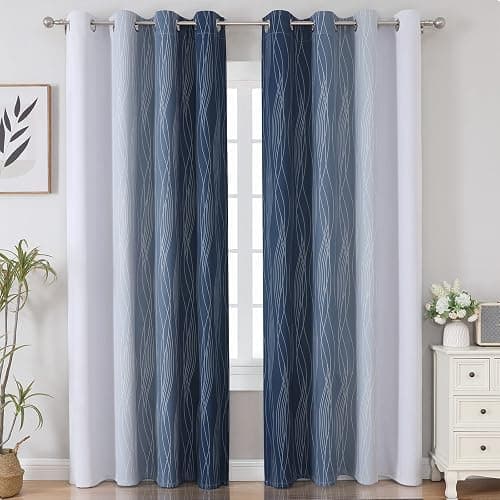 Estelar Textiler Navy Blue and Greyish White Blackout Curtains for Bedroom 84 Inches Long, Full Room Darkening Grommet Curtains for Living Room,Thermal Insulated Ombre Drapes,52Wx84L,2 Panels thumbnail 3