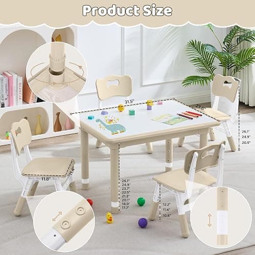 DOREROOM Kids Table & 4 Chairs, Height Adjustable (17.7"-26.1"), Natural | Graffiti Desktop,Table Supports 330 lbs,Toddler Ages 3-8，Children Multi-Activity Table Set for Playroom, Daycare, Classroom thumbnail 8