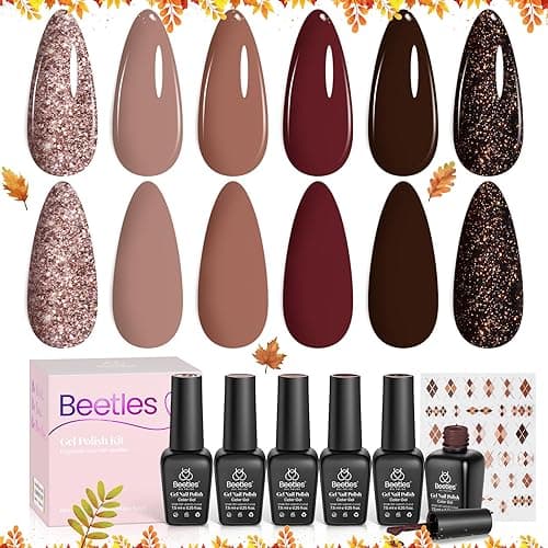 beetles Gel Polish Set 6 Colors Fall Winter Nail Gel Kit Burgundy Red Gold Glitter Dark Brown Black Sparkle Gel Soak Off Led Manicure Nail Art DIY Home Salon Gifts for Girls Women Academia Aesthetic