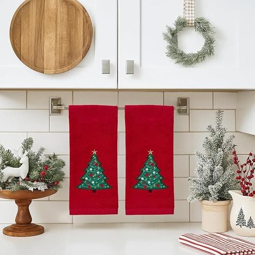 Serafina Home Christmas Red Bathroom Hand Towels, 2 pc Set, 16 x 25, Elegant Christmas Tree, 100% Cotton Velour Terry, Holiday Decor for Bath and Kitchen thumbnail 7