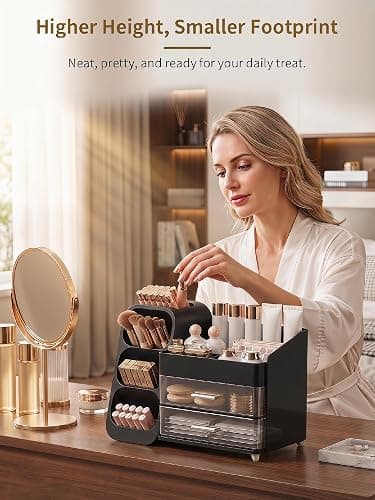 Booklov Makeup Organizer for Vanity, Large Capacity Cosmetic Display Case with Drawers, Countertop Beauty Storage Holder for Skincare, Brush Eyeliner Perfume Eyeshadow Lipsticks, Counter Desk, Black thumbnail 5