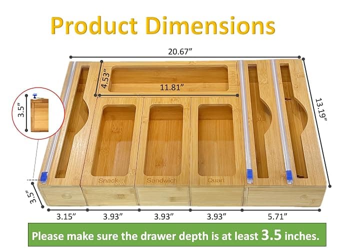 Incredinest Bamboo Drawer Organizer Bag Holder – Modular Design Zip Lock Bag Organizer Plastic Wrap Dispenser with Cutter – Baggie Organizer for Drawer with Single and Double Wrap Dispenser thumbnail 2