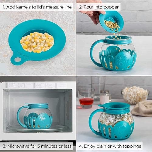 Ecolution Patented Micro-Pop Microwave Popcorn Popper with Temperature Safe Glass, 3-in-1 Lid Measures Kernels and Melts Butter, Made Without BPA, Dishwasher Safe, 1.5-Quart, Teal thumbnail 4