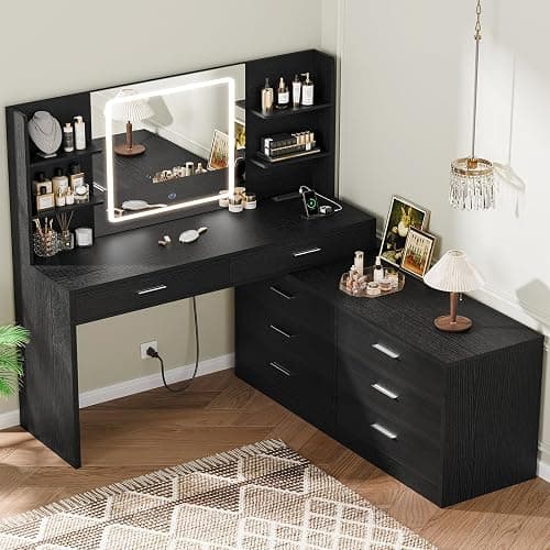 FIONESO Vanity Desk with LED Light Mirror & Power Outlet, 8 Drawers, 6 Storage Shelves, 3 Color Modes & Adjustable Brightness Makeup Vanity, Corner Vanity, L Shape Vanity, 39.4”-64.9" Desk, Black thumbnail 9