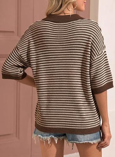Dokotoo Women's Half Sleeve Striped Sweaters 2026 Collared V Neck Knit Top | Summer Fall Outfits,Polo V Neck,Drop Shoulder Shirts,Oversized,Soft Comfy,Pullovers Knit Tops,Fashion Clothing thumbnail 5