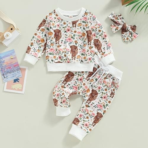 3Pcs Baby Girl Outfits Daisy Sweatshirt + Pants + Headband Infant Fall Winter Clothes thumbnail 6