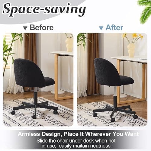 VINGLI Cute Candy Chair Armless Comfy Small Office Desk Vanity Chair with Wheels & Lumbar Support,Teddy Adjustable Rolling Swivel Computer Task Ch for Home Office,Bedroom,Black thumbnail 7