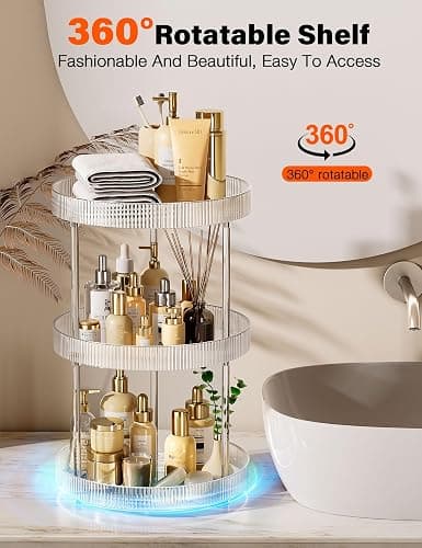 3 Tier Lazy Susan Bathroom Countertop Organizer, 360° Clear Rotating Makeup Cosmetic Perfume Storage Tray, Spinning Vanity Organizer Shelf for Bathroom Cabinet, Dresser, Kitchen(Large) thumbnail 5