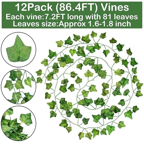 GPARK 84ft 12 Pack / 82 inch, Artificial Ivy Garland Fake Leaf Plants Vine, Hanging Leaves Garlands for Wedding Party Garden Kitchen Outdoor Greenery Wall Decor Green thumbnail 5