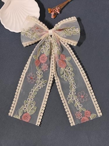 LFOUVRE Beige Lace Hair Bows with Embroidered Flowers - Bowknots, Barrettes, and Hair Clips with Long Tails for Women (3pcs) thumbnail 6