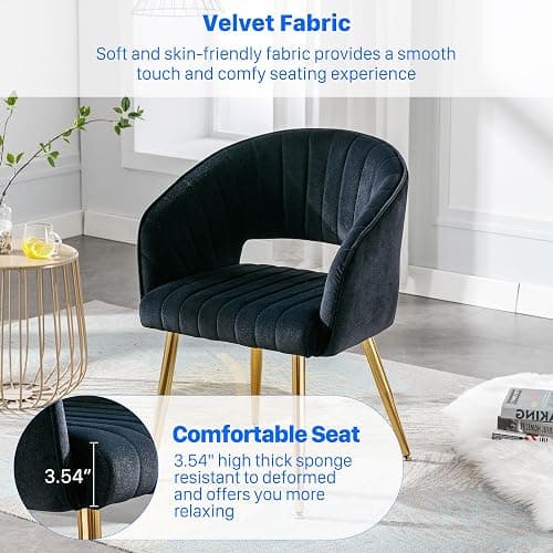 Home Office Chair Velvet Desk Chair Accent Armchair Upholstered Modern Tufted Chairs with Gold Legs for Girls Women Ergonomic Study Seat Computer Task Stools for Living Room(Black) thumbnail 5