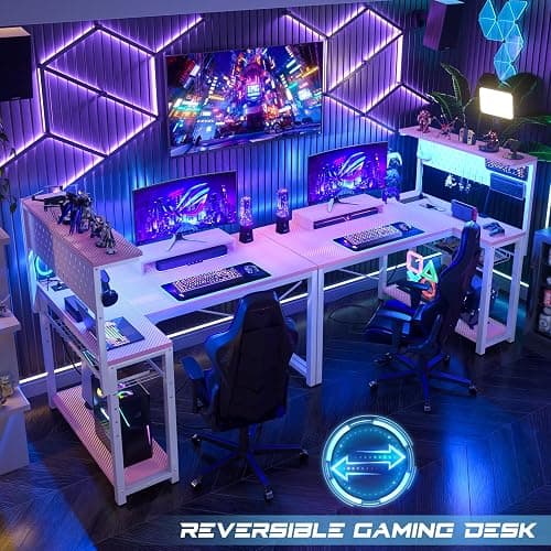 Homieasy Small Gaming Desk with Power Outlets Pegboard LED Light, 43 Inch L Shaped Computer Desk with Monitor Stand Storage Shelves, Reversible Corner Desk with Headset Hooks, Carbon Pink - Carbon Fiber Pink - 43 inch thumbnail 5