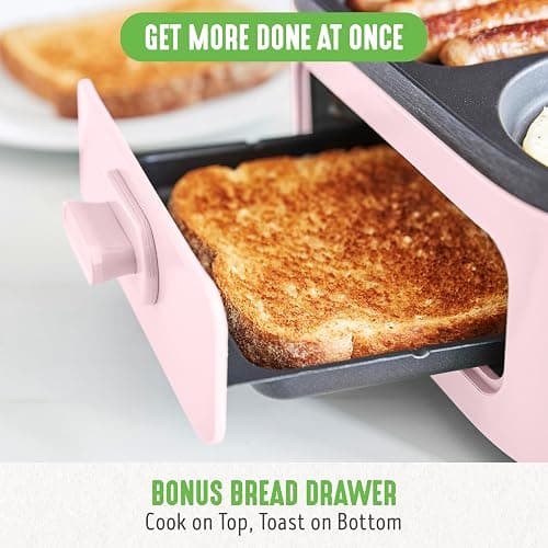 GreenLife 3-in-1 Breakfast Maker Station, Healthy Ceramic Nonstick Dual Griddles for Eggs Meat Sausage Bacon Pancakes and Breakfast Sandwiches, 2 Slice Toast Drawer, Easy-to-use Timer, Pink thumbnail 9