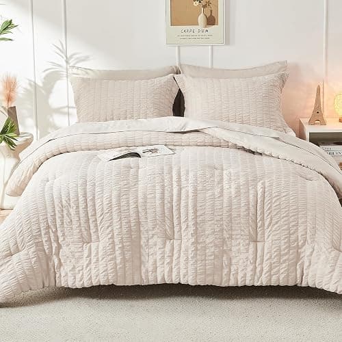 HYMOKEGE Beige Full Size Comforter Sets Seersucker 7 Pieces, All Season Luxury Bed in a Bag for Bedroom, Bedding Set with Comforters, Sheets, Pillowcases & Shams thumbnail 9