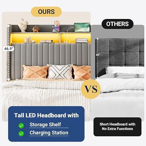 Allewie Full Size Lift Up Hydraulic Storage Bed Frame, 2-Tier Shelf Headboard with LED Lights and Charging Station, USB and Type C Ports, Wingback Velvet Headboard, No Box Spring Needed, Gray thumbnail 7
