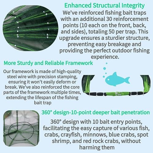 Tacklurenet Folded Fishing Trap, 10Holes 10Sides Fishing Bait Trap, Minnow Trap, Crawfish Blue Crab Trap, Gift: Oxford Cloth Folding Bucket/Non-Slip Gloves/Bait Bag/Bait Box/Rope/Storage Bag thumbnail 4