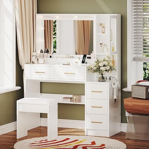 TOKSOM Makeup Vanity with Lights & Charging Station, White Vanity Table with 5 Drawers & Open Storage Shelves, Bedroom Makeup Dressing Table Set for Women Girls thumbnail 8