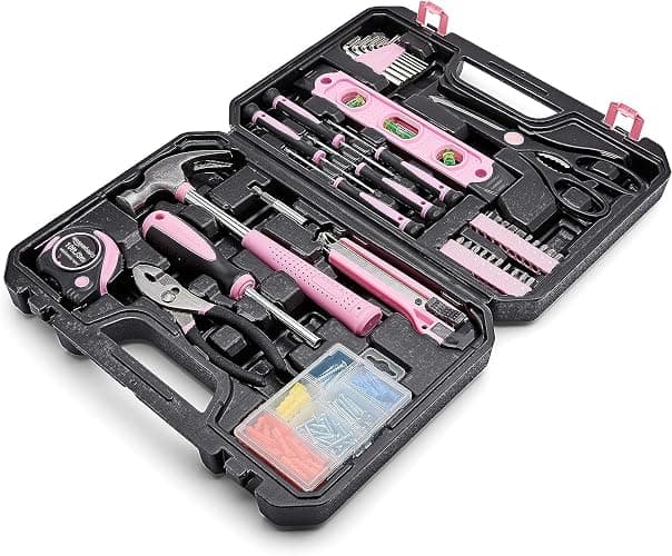 Amazon Basics Household Tool Kit With Storage Case, 142 Piece, Pink, 13.39 x 9.25 x 2.95 inch - Image 1