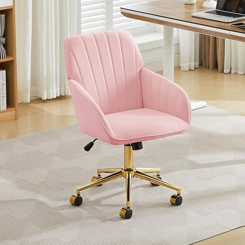 YISHENG Velvet Office Desk Chair with Gold Base, with Wheels,Modern Height Adjustable 360 Degree Swivel Upholstered Vanity Chairs with Arms for Living Room Bedroom,Pink thumbnail 2