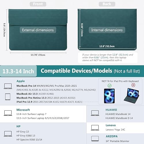 HYZUO 13.3-14 Inch Laptop Sleeve Case with Stand Feature for MacBook Pro 14 M4/M3/M2/M1 Pro/Max 2025-2021, MacBook Pro/Air 13.3, 13.5-13.8 Surface Laptop, HP Spectre X360 13/14, Dark Green thumbnail 6