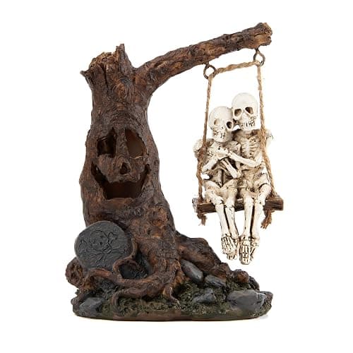 Halloween Skull Statue with Spooky LED Light for Home Indoor Decorations | Halloween Decor with Romantic Skeleton Couple on Swing Dead Tree, Resin Skull Party Centerpieces Holiday Collectible Gift thumbnail 5