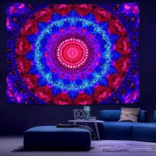 Manicer Blacklight Mandala Tapestry - UV Reactive Bohemian Red Blue Purple Floral Colorful Wall Hanging, Glow in the Dark Aesthetic Boho Wall Art Decor for Bedroom, Living Room, Dorm - 51.2" x 59.1" thumbnail 4