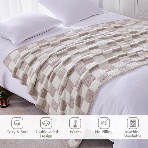 WRENSONGE Fall Checkered Throw Blanket, Taupe Soft Cozy Fluffy Warm Throw Blankets for Couch, Sofa, Chair, Bed, Camping, Picnic, Office,Travel Lightweight Bed Blanket - 50"*70" thumbnail 4