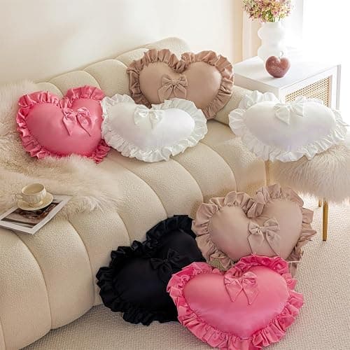 MOJUN Black Heart Pillow, Soft Heart Shaped Pillow with Bow Ruffle Design Love Room Decor Pillows for Sofa Bed Chair Cute Heart Shaped Throw Pillow Cushion for Bedroom Living Room thumbnail 3