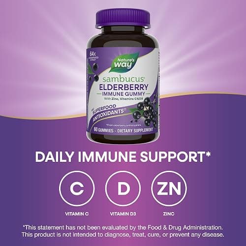 Nature’s Way Sambucus Elderberry Immune Support Gummies for Kids & Adults* with Black Elderberry Extract, Vitamin C, Vitamin D3, and Zinc, 60 Gummies (Packaging May Vary) thumbnail 4