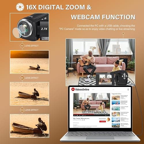 Muitune Camcorder Video Camera QHD 2.7K 56MP 16X Digital Zoom Vlogging Camera with LED Fill Light for YouTube, 2.8 Inch 270 Degree Rotation LCD Screen Camcorder with 32GB SD Card and Two Batteries thumbnail 3