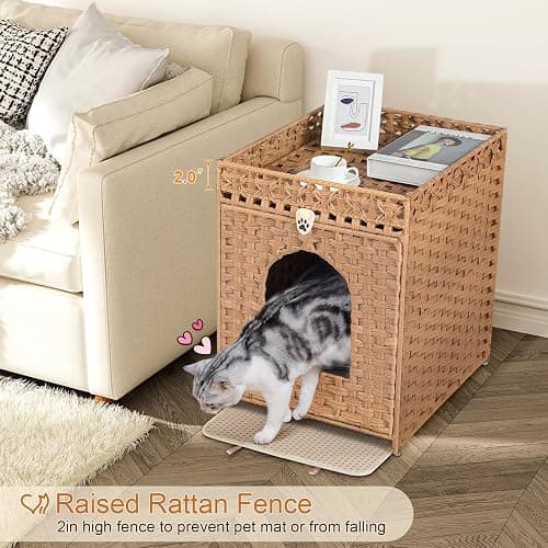 Snughome Cat Litter Box Enclosure Furniture Hidden with Litter Mat, Hidden Washroom Furniture with Door, Handwoven Rattan Cat Washroom Box, Indoor Pet House for Living Room, Bedroom(Natural) thumbnail 2