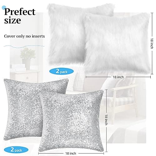Irenare 4 Pcs Sequin and Fluffy Pillow Covers Winter Throw Pillow Cases Soft Cushion Cover for Couch Bed Sofa Xmas Day(18 x 18 Inch,White, Silver) thumbnail 3