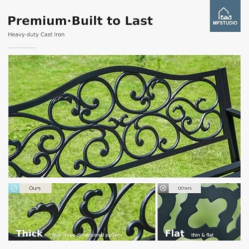 MFSTUDIO 50 Inches Outdoor Garden Bench, Cast Iron Metal Frame Patio Park Bench with Floral Pattern Backrest, Arch Legs for Porch Lawn Garden Yard(Black) thumbnail 6