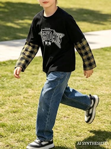 Fdqin Boys Shirts Star Letter Graphic Tee Tops Plaid Long Sleeve Clothes | 3-Piece Set, 7-16Y Teen, 2-in-1 Spliced, Soft Breathable, Crew Neck, Loose Fit, Spring Fall Casual Wear, Machine Washable thumbnail 3