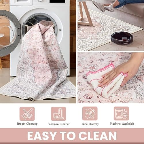 Brakki Pink 5x7 Area Rugs for Living Room, Washable Vintage Boho Rug Non Slip for Bedroom Kitchen Office, Low Pile Soft Stain Resistant Carpet Floor Indoor Laundry Dining Room thumbnail 6