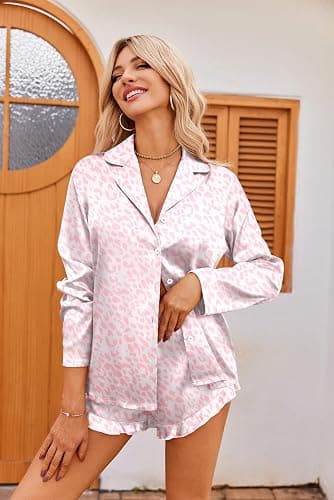 Ekouaer Womens Satin Pajama Sets Long Sleeve Top and Shorts Lounge Set Button Down Sleepwear thumbnail 2