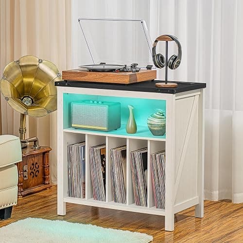 Joaxswe Large Record Player Stand with Charging Station & LED Lights, Vinyl Records Storage Holder Cabinet Holds up to 230 Albums, Turntable Stand for Music Room, Bedroom, Living Room, Office (White) thumbnail 5