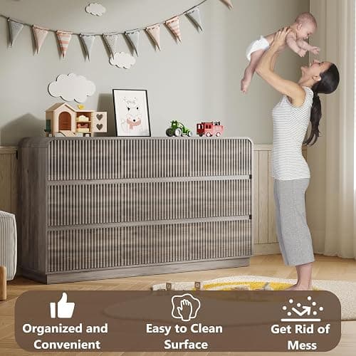 BORNOON Dresser for Bedroom with 9 Drawers, Fluted Chest of Drawers with Round Curved Corner, Hidden Handles, Modern Wood Storage Organizer for Bedroom, Nursery, Living Room thumbnail 5