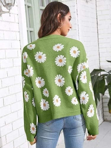 Women's Floral Print Cardigan Long Sleeve Open Front Button Down V Neck Knitted Sweaters thumbnail 4