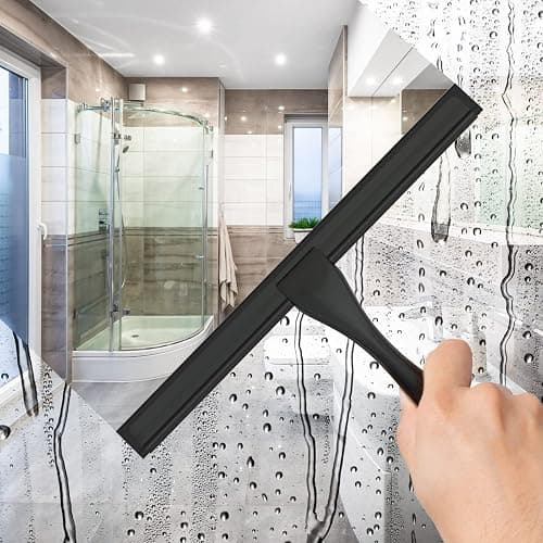 All-Purpose Stainless Steel Shower Squeegee for Shower Doors with 2 Adhesive Hooks, Bathroom Cleaner Tool Household Window Mirror Squeegee for Home Cleaning, Glass Door, Tile Wall, Car, 14 Inch Black thumbnail 2