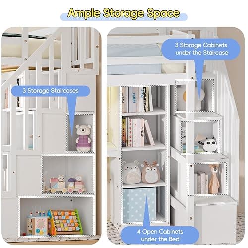 Xilingol Twin Loft Bed with Stairs and Desk, Solid Wooden Loft Bed, Heavy Duty Loft Bed with L-Shape Desk, LED Light Strips, Charging Station, Storage Cabinets, Extra-High Guardrails for Kids, Teens thumbnail 6