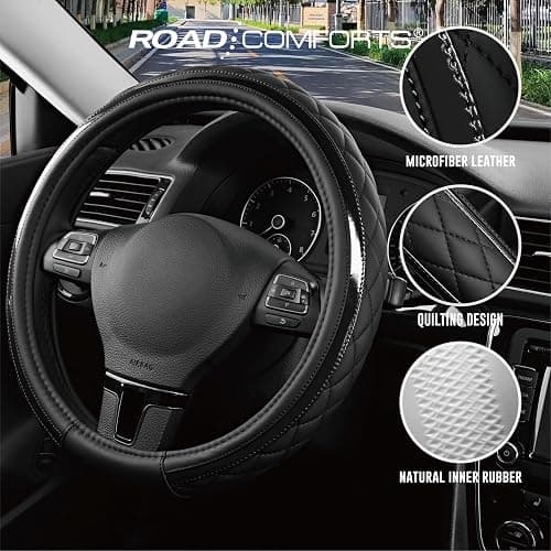 Road Comforts Leather Steering Wheel Cover – Black & Black, Universal Fit 14.5-15 Inch, Microfiber Leather, Anti-Slip & Breathable Design for Men and Women thumbnail 4